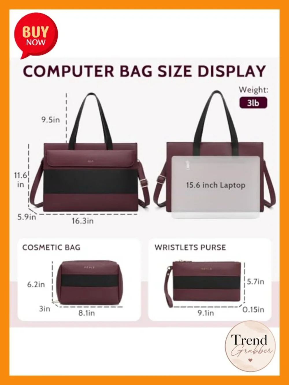 PU Leather Laptop Tote Bag for Women 15.6 Inch Work Briefcase 3 Piece Set